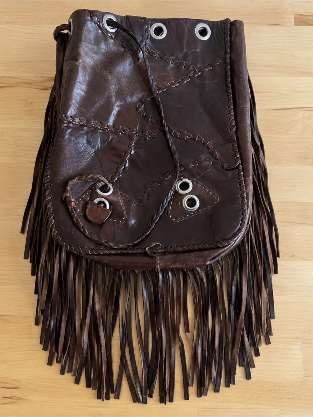 Vintage Brown Leather Fringe Patchwork Bag Boho Western Hippie 70s Festival